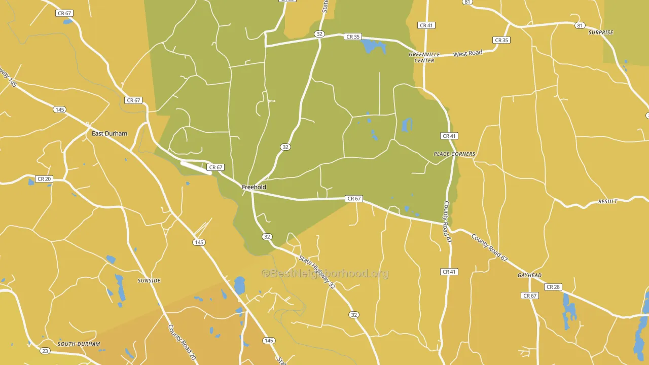 Map of the best neighborhoods in the Freehold area, with better matches in green and worse matches in red