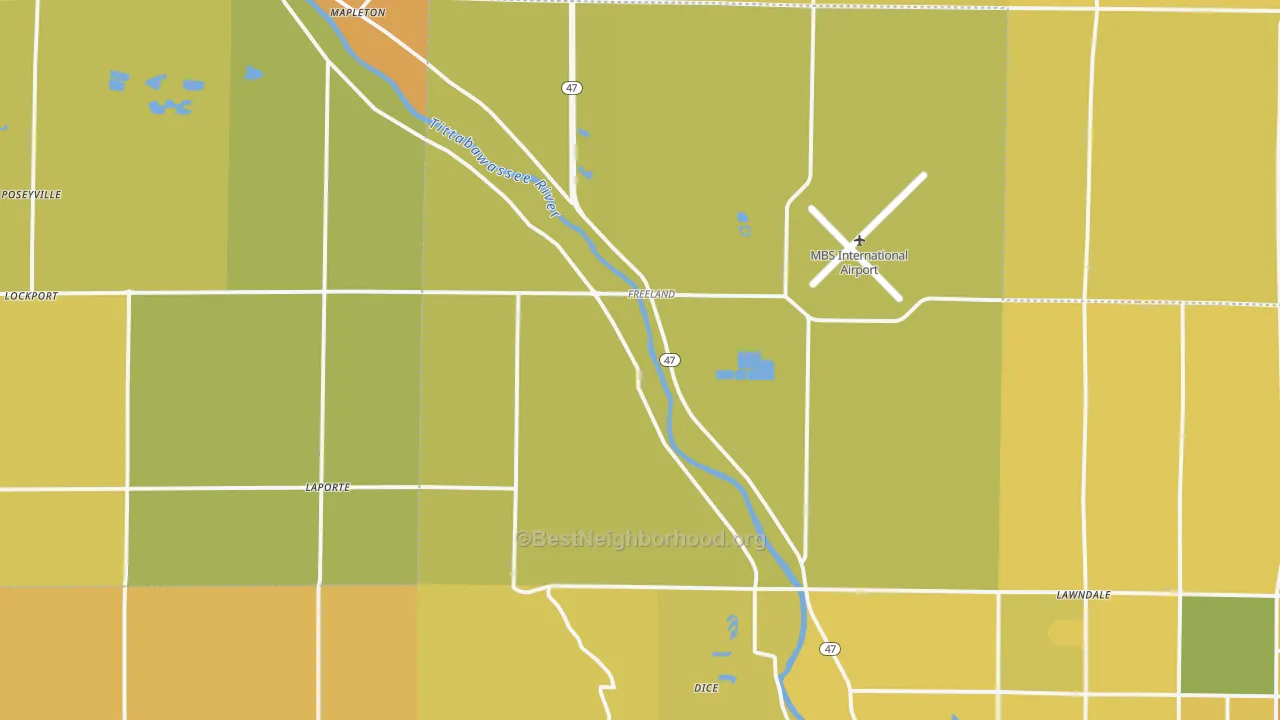 Map of the best neighborhoods in the Freeland area, with better matches in green and worse matches in red