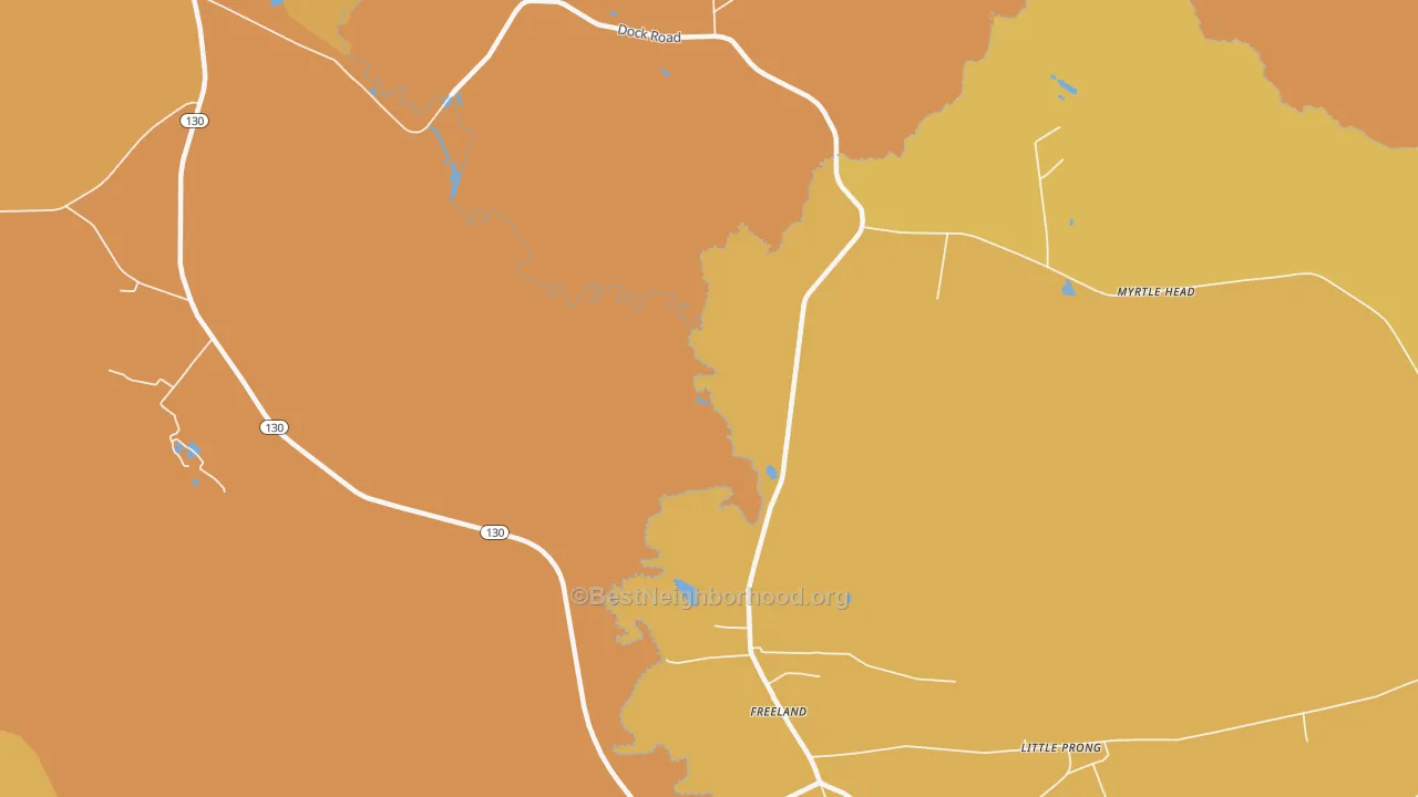 Map of the best neighborhoods in the Freeland area, with better matches in green and worse matches in red