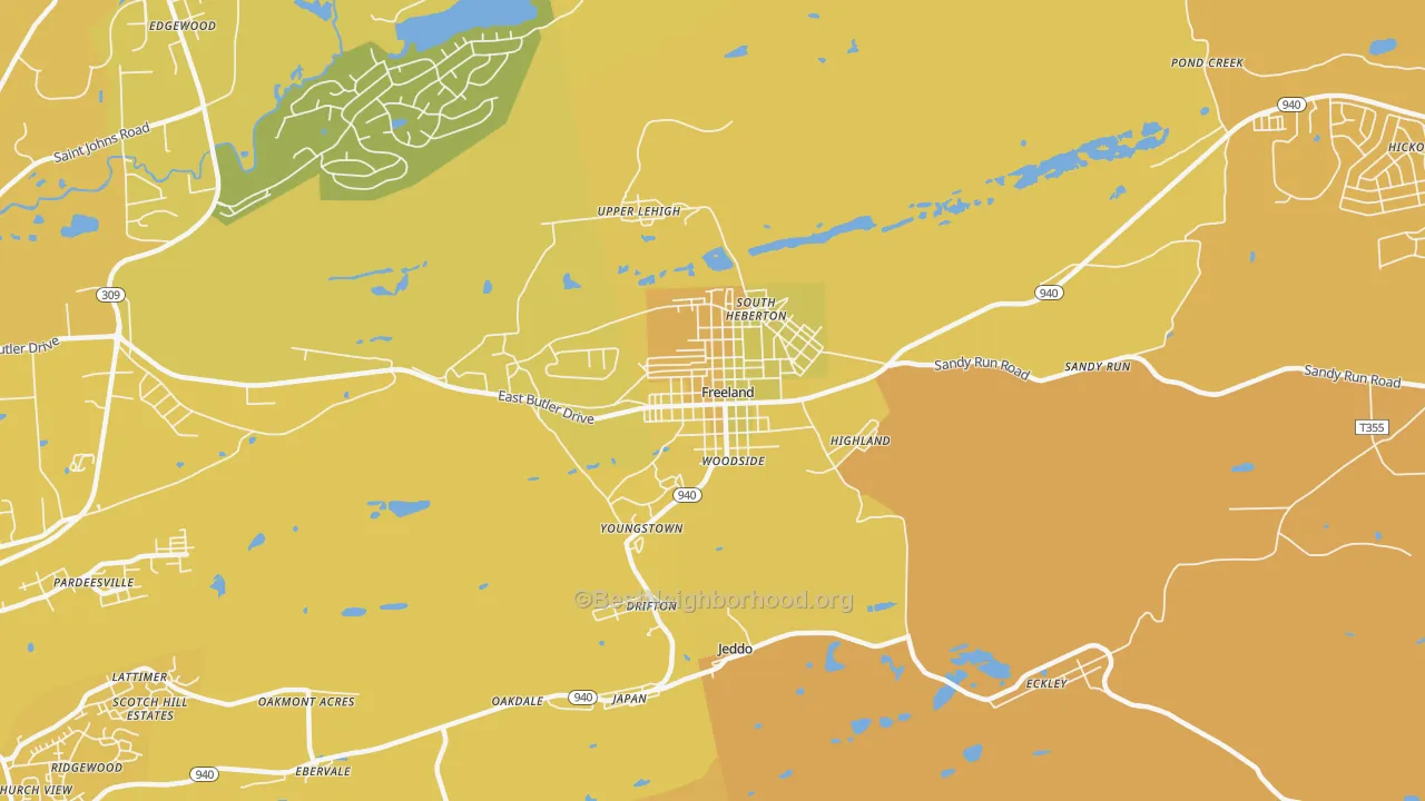 Map of the best neighborhoods in the Freeland area, with better matches in green and worse matches in red