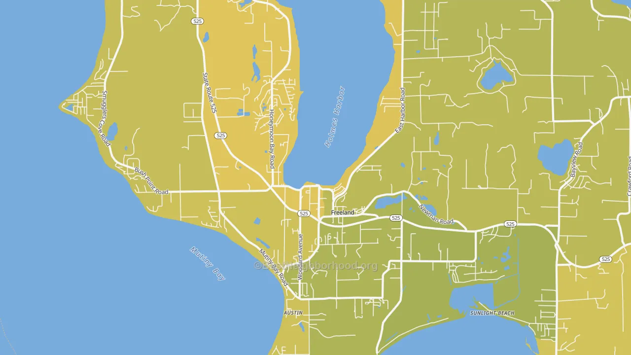 Map of the best neighborhoods in the Freeland area, with better matches in green and worse matches in red