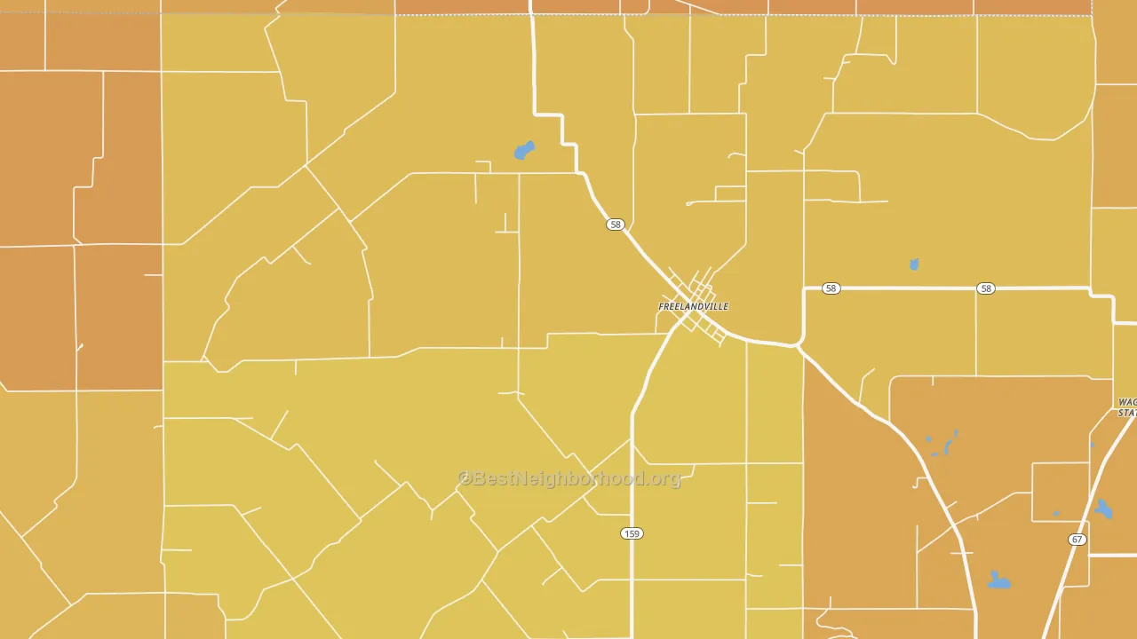 Map of the best neighborhoods in the Freelandville area, with better matches in green and worse matches in red