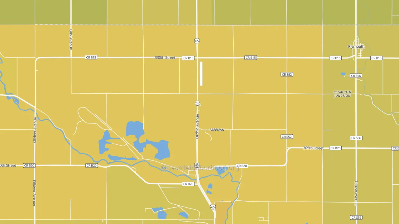 Map of the best neighborhoods in the Freeman area, with better matches in green and worse matches in red
