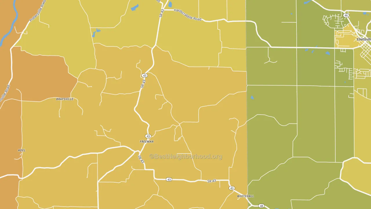 Map of the best neighborhoods in the Freeman area, with better matches in green and worse matches in red