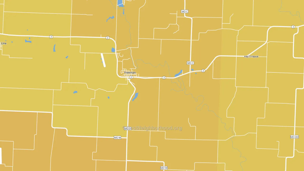 Map of the best neighborhoods in the Freeman area, with better matches in green and worse matches in red