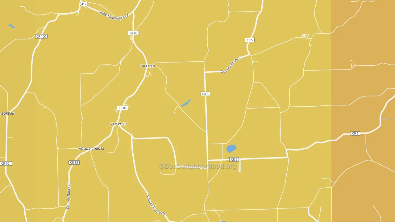 Map of the best neighborhoods in the Freeman area, with better matches in green and worse matches in red