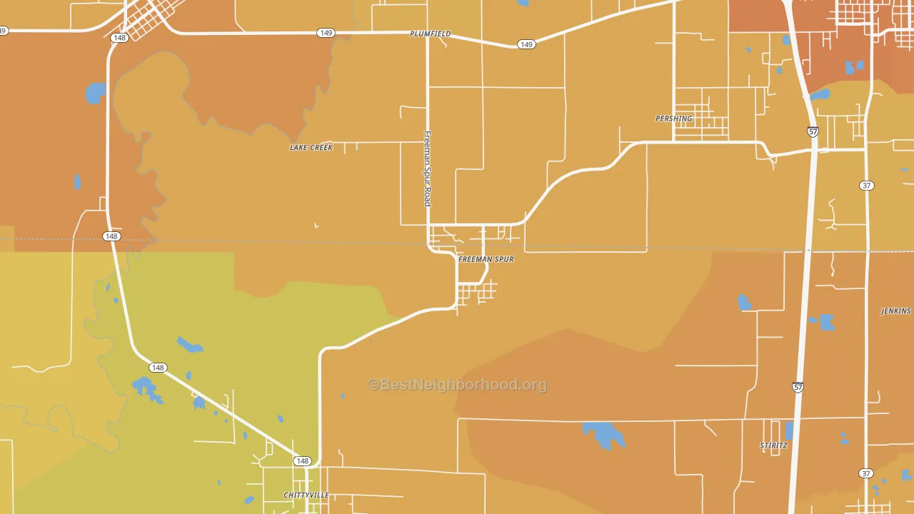 Map of the best neighborhoods in the Freeman Spur area, with better matches in green and worse matches in red