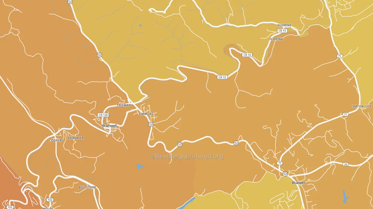 Map of the best neighborhoods in the Freeman area, with better matches in green and worse matches in red