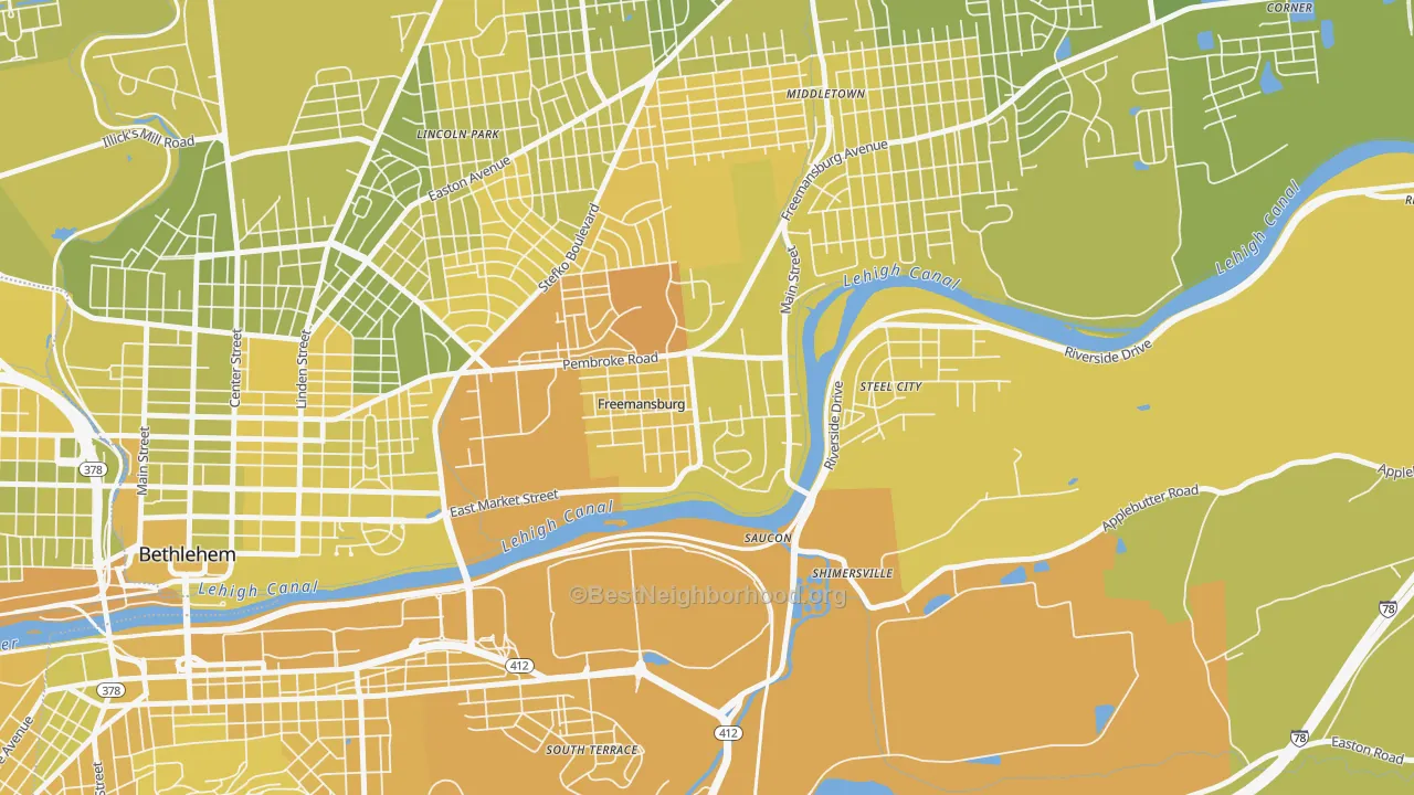 Map of the best neighborhoods in the Freemansburg area, with better matches in green and worse matches in red