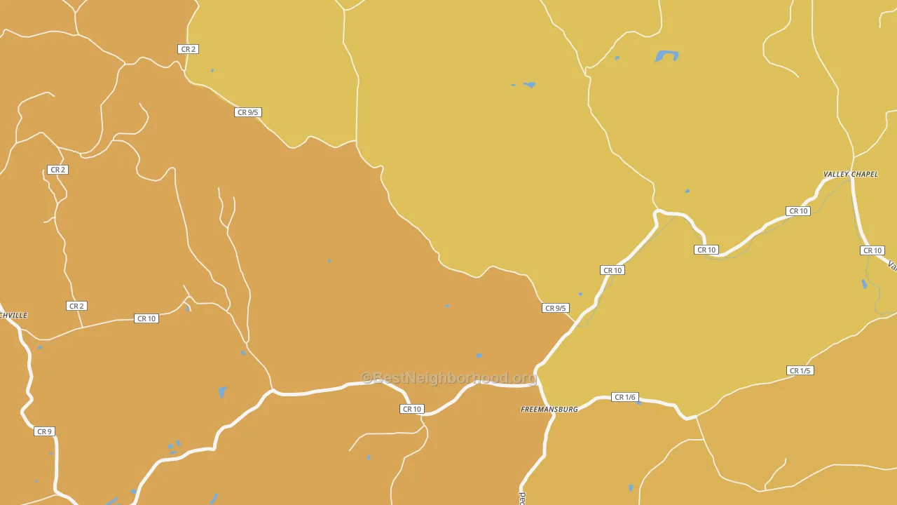 Map of the best neighborhoods in the Freemansburg area, with better matches in green and worse matches in red
