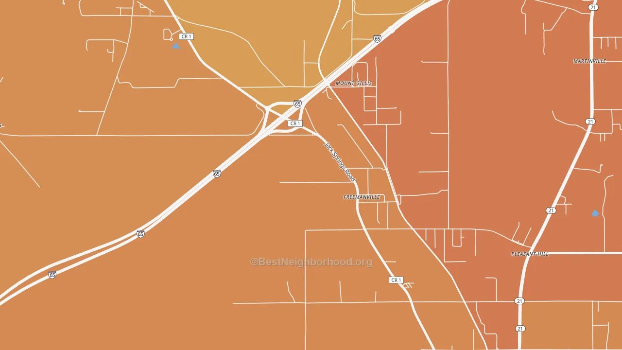 Map of the best neighborhoods in the Freemanville area, with better matches in green and worse matches in red