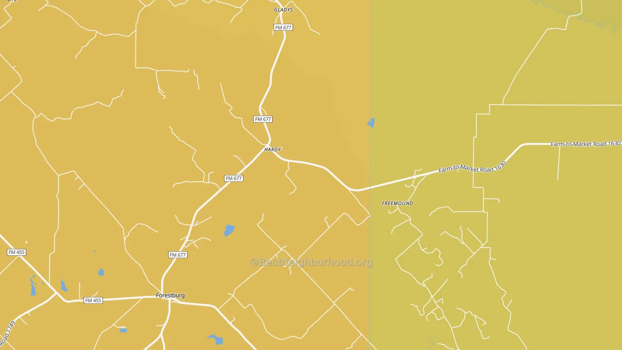 Map of the best neighborhoods in the Freemound area, with better matches in green and worse matches in red