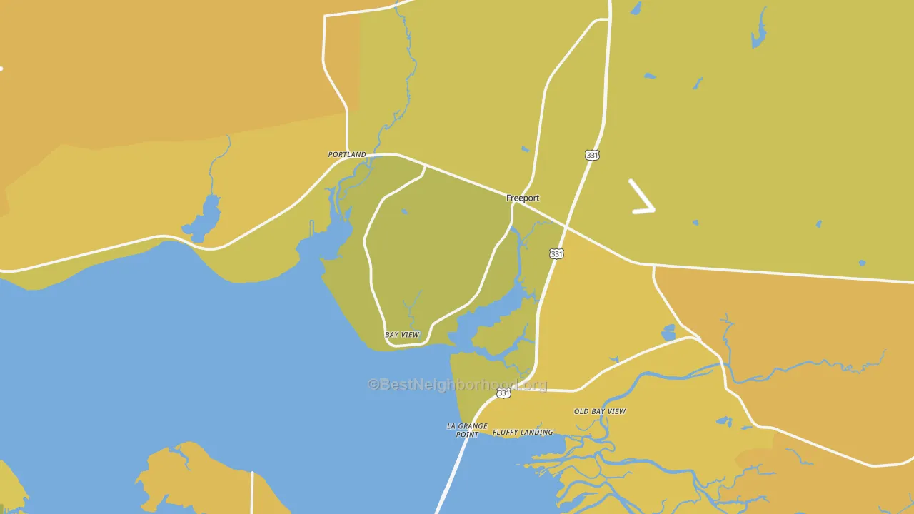 Map of the best neighborhoods in the Freeport area, with better matches in green and worse matches in red