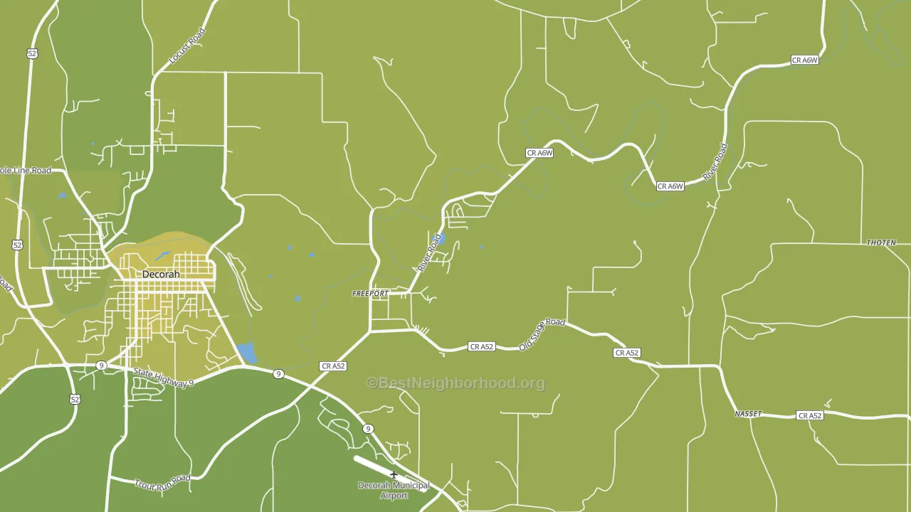 Map of the best neighborhoods in the Freeport area, with better matches in green and worse matches in red