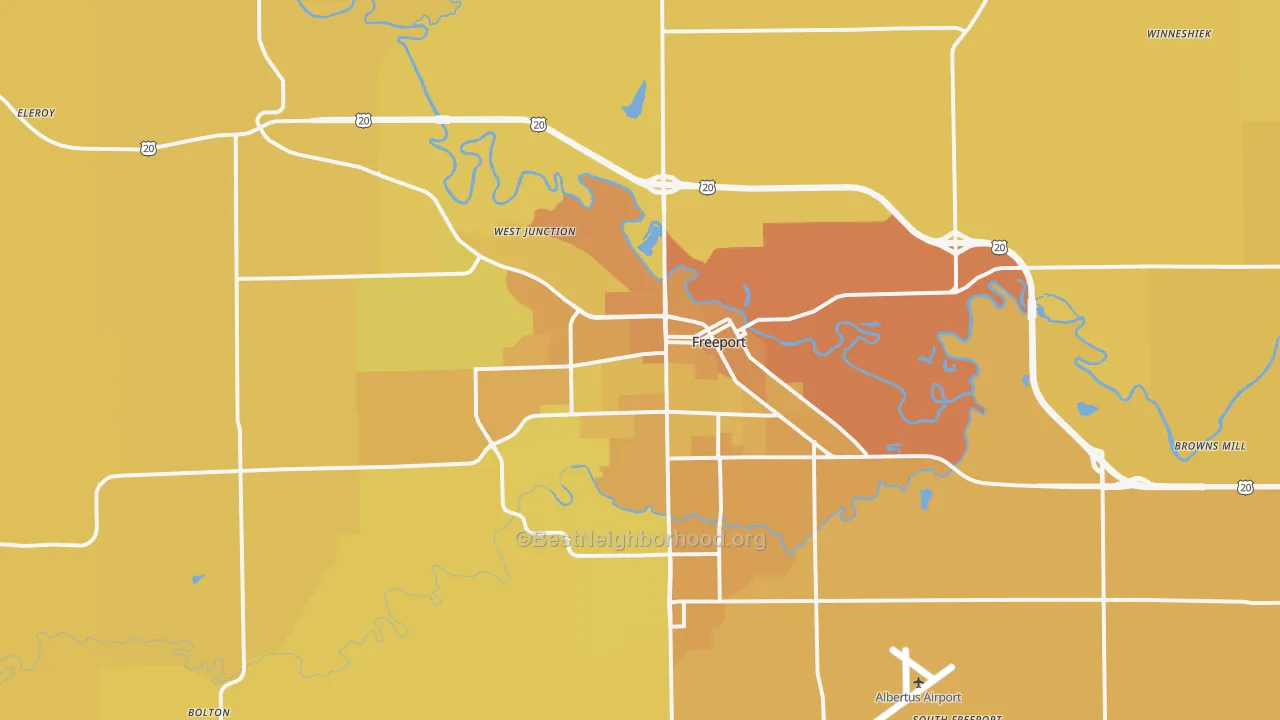 Map of the best neighborhoods in the Freeport area, with better matches in green and worse matches in red