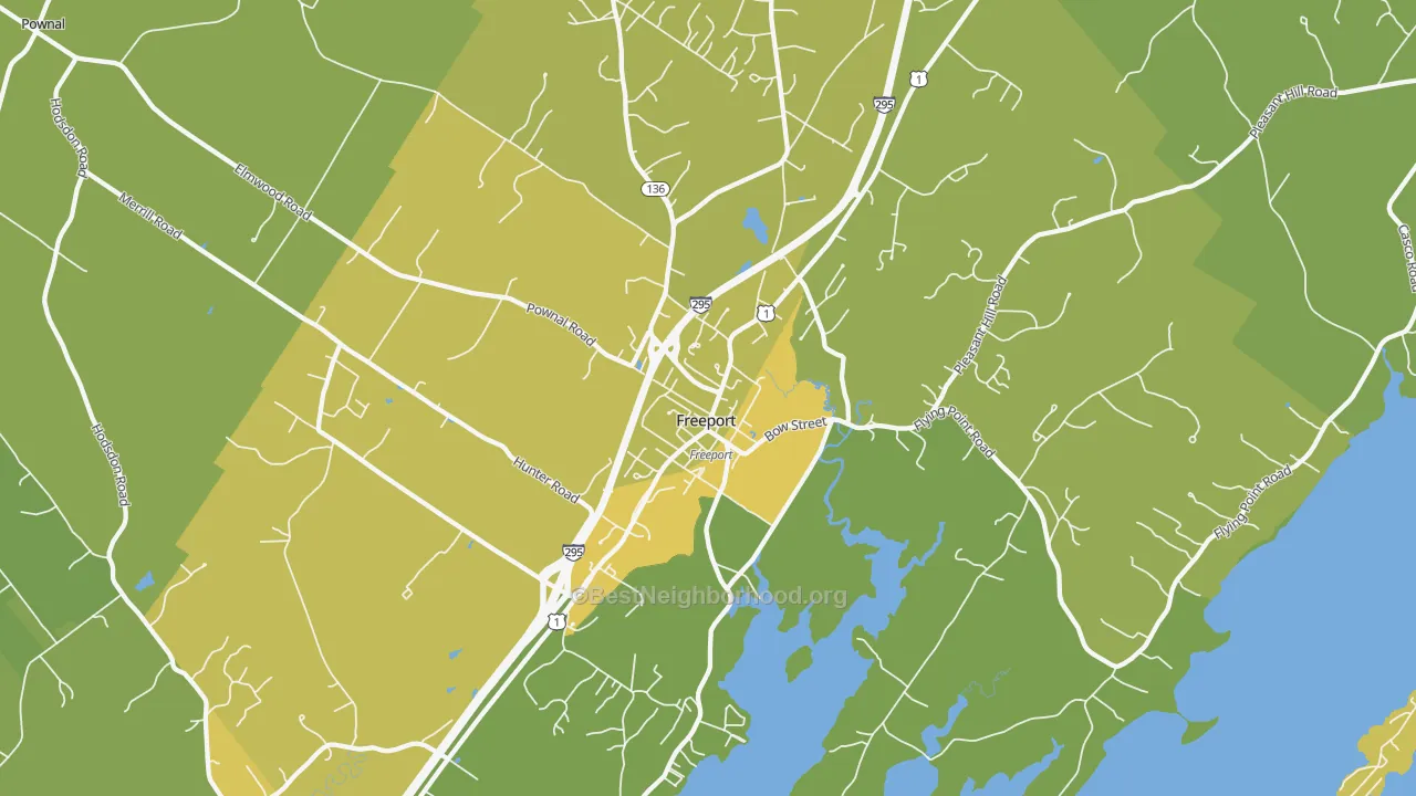 Map of the best neighborhoods in the Freeport area, with better matches in green and worse matches in red