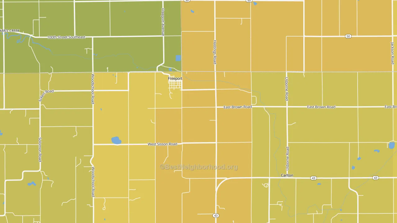 Map of the best neighborhoods in the Freeport area, with better matches in green and worse matches in red