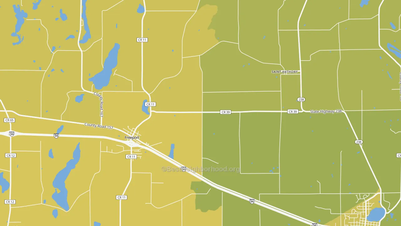 Map of the best neighborhoods in the Freeport area, with better matches in green and worse matches in red