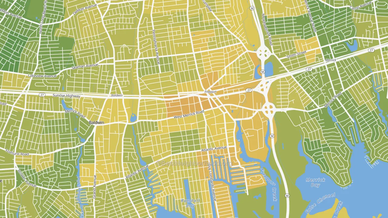 Map of the best neighborhoods in the Freeport area, with better matches in green and worse matches in red