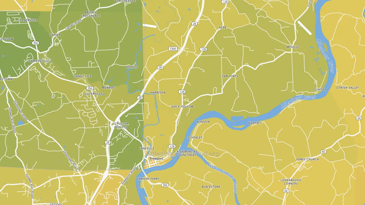 Map of the best neighborhoods in the Freeport area, with better matches in green and worse matches in red