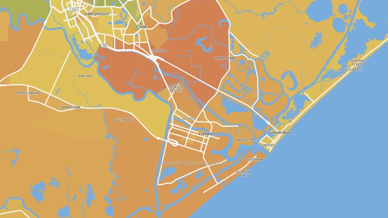 Map of the best neighborhoods in the Freeport area, with better matches in green and worse matches in red
