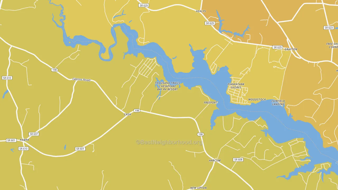 Map of the best neighborhoods in the Freeport area, with better matches in green and worse matches in red