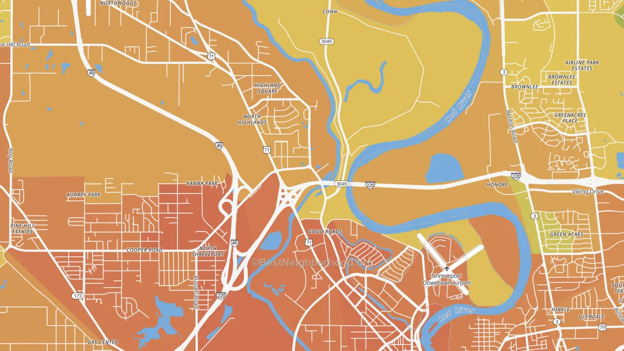 Map of the best neighborhoods in the Freestate-North Highlands, Shreveport area, with better matches in green and worse matches in red