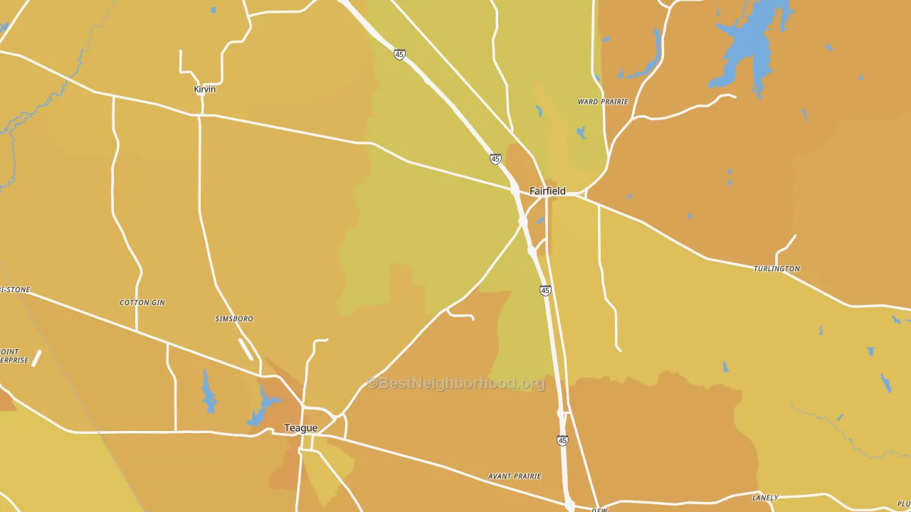 Map of the best neighborhoods in the Freestone County area, with better matches in green and worse matches in red