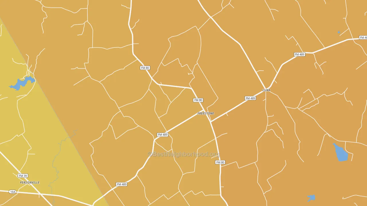 Map of the best neighborhoods in the Freestone area, with better matches in green and worse matches in red