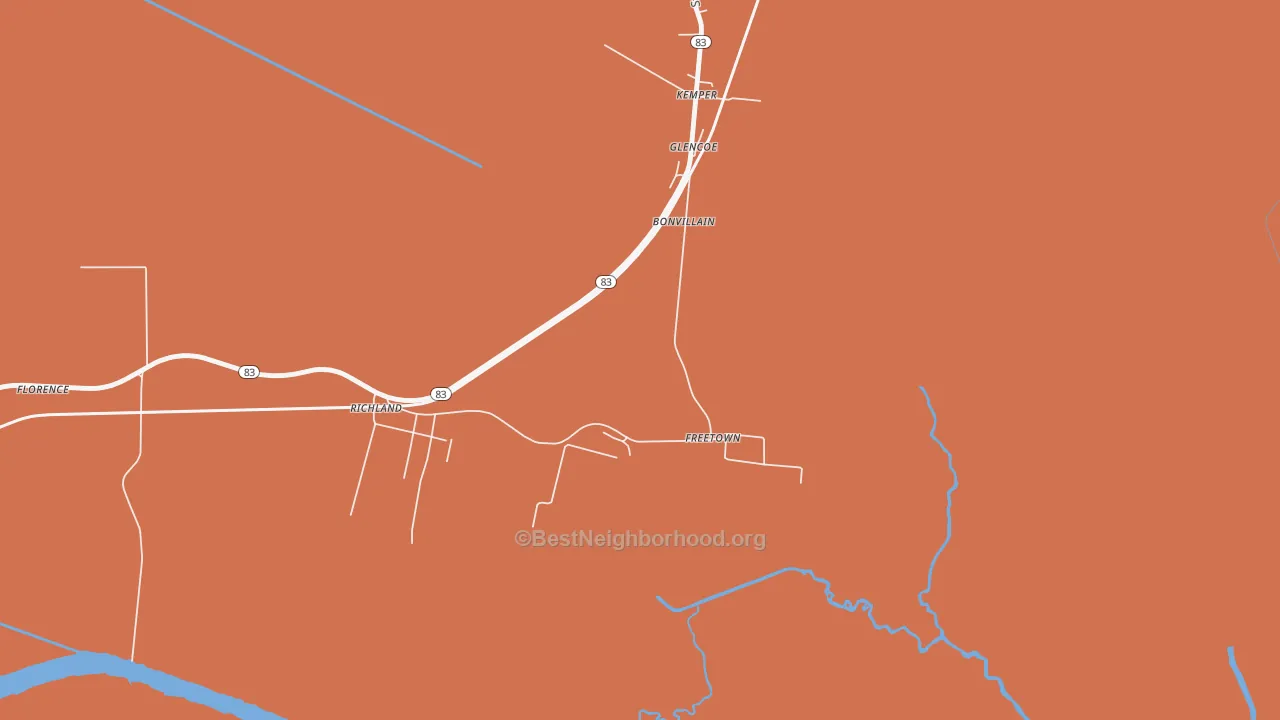 Map of the best neighborhoods in the Freetown area, with better matches in green and worse matches in red