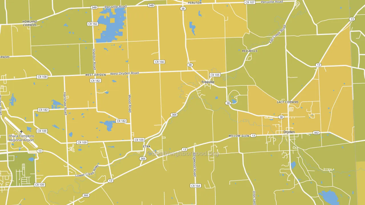 Map of the best neighborhoods in the Freeville area, with better matches in green and worse matches in red
