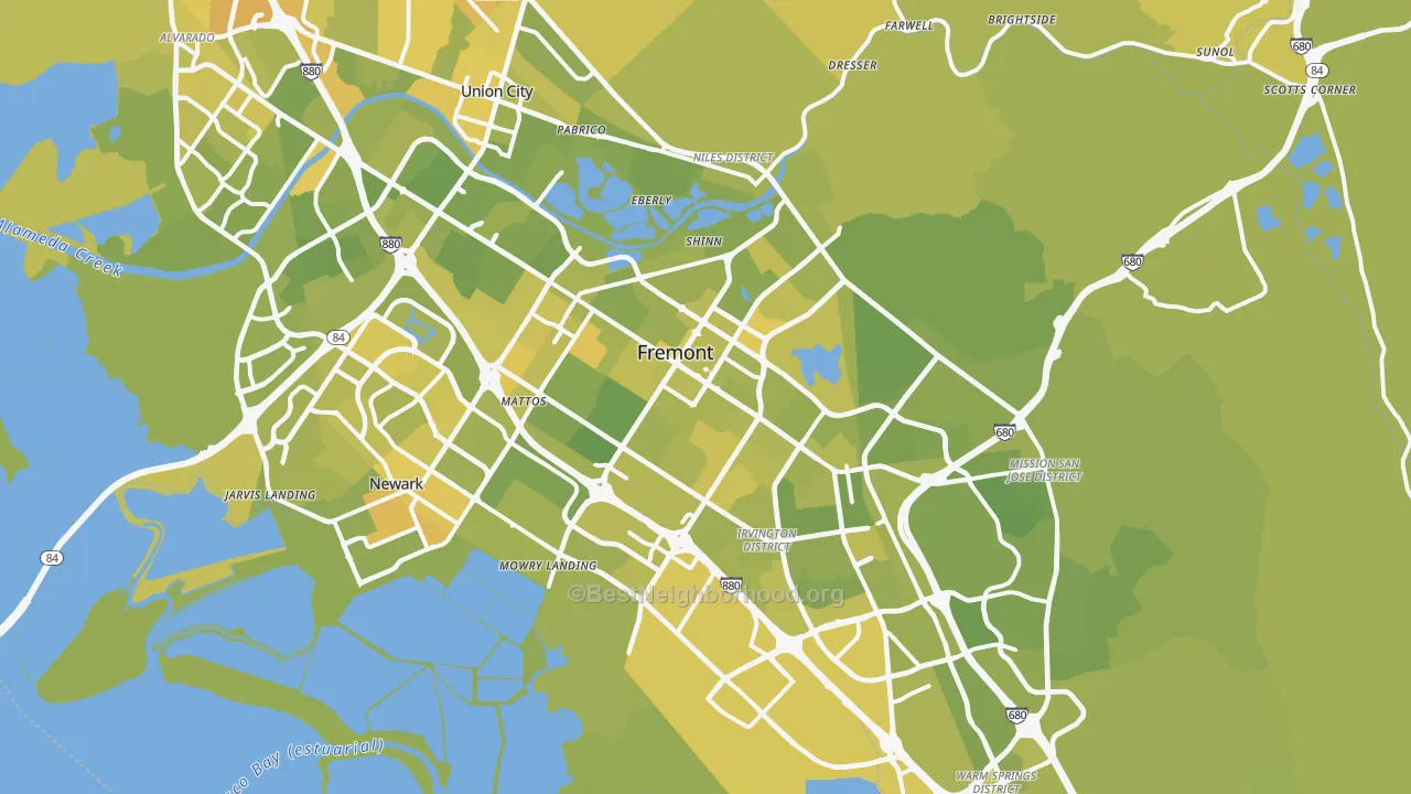 Map of the best neighborhoods in the Fremont area, with better matches in green and worse matches in red