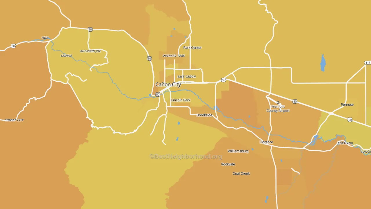Map of the best neighborhoods in the Fremont County area, with better matches in green and worse matches in red