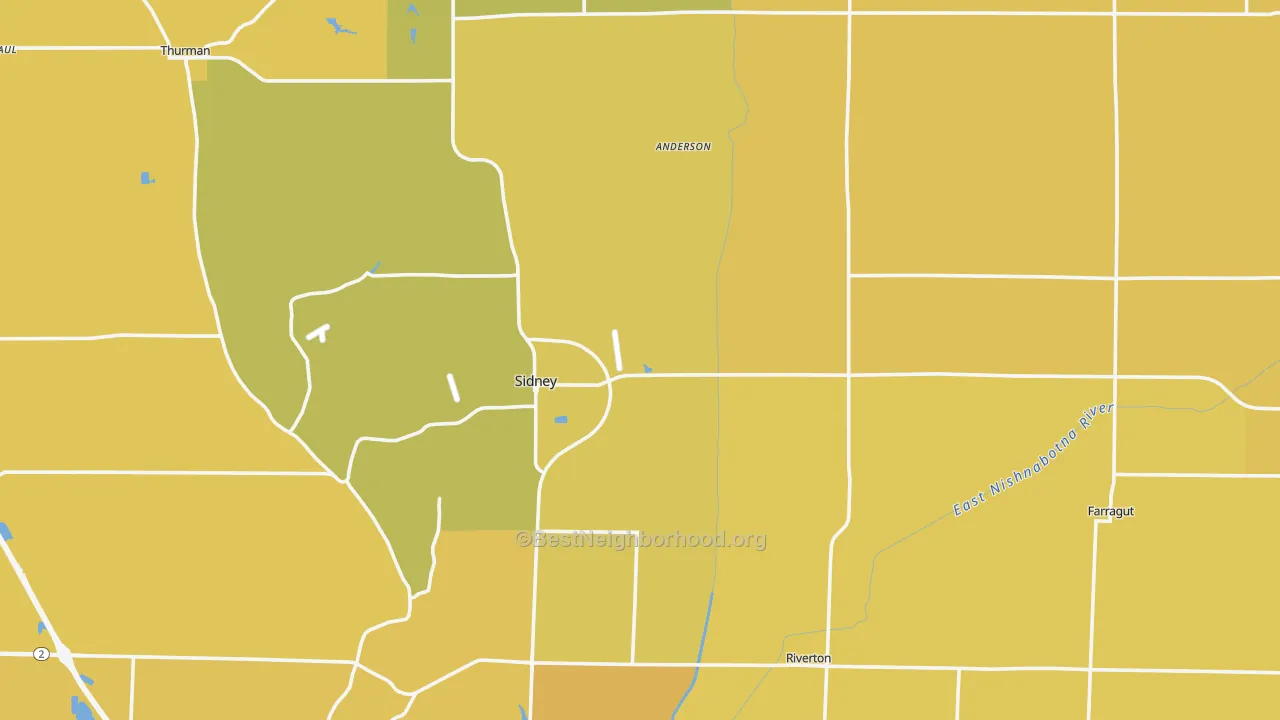 Map of the best neighborhoods in the Fremont County area, with better matches in green and worse matches in red