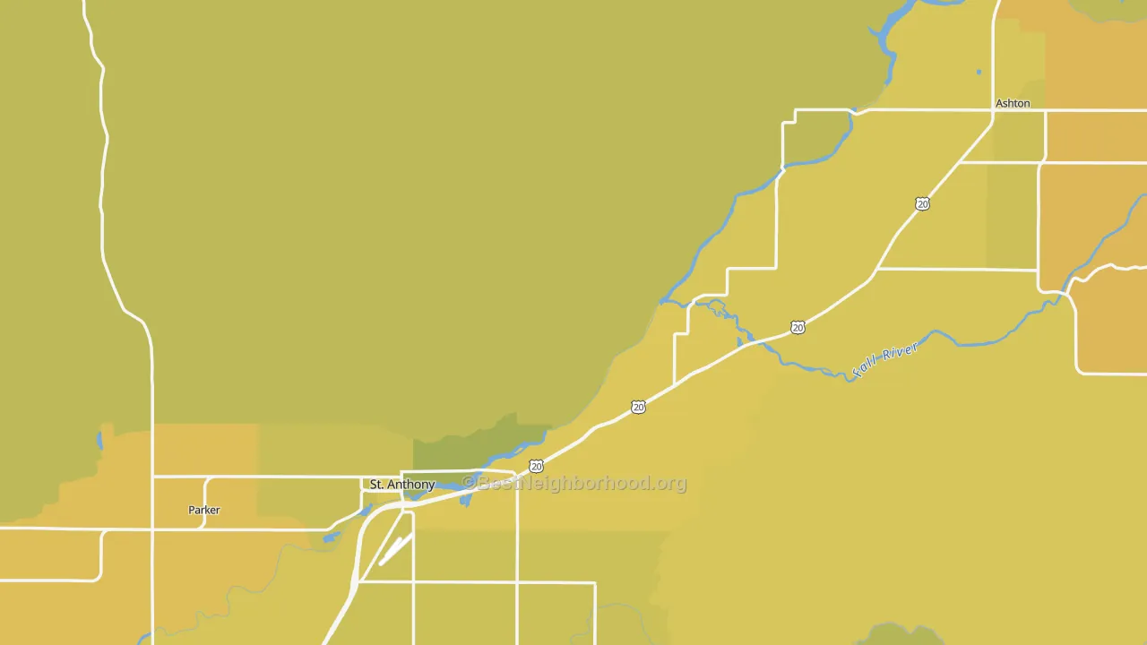 Map of the best neighborhoods in the Fremont County area, with better matches in green and worse matches in red