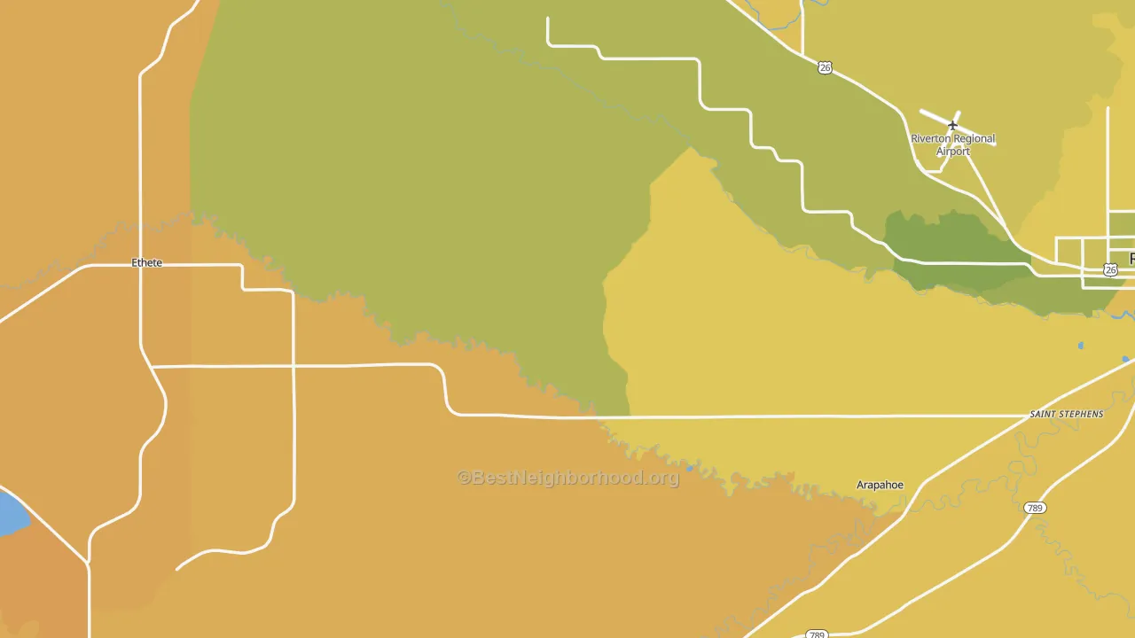 Map of the best neighborhoods in the Fremont County area, with better matches in green and worse matches in red