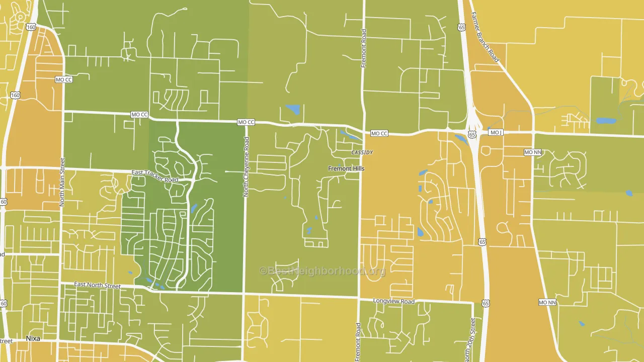 Map of the best neighborhoods in the Fremont Hills area, with better matches in green and worse matches in red