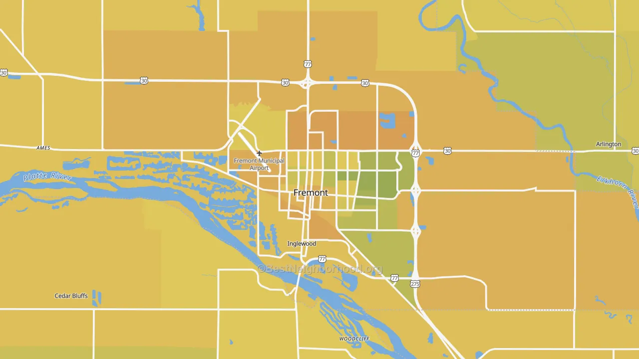 Map of the best neighborhoods in the Fremont area, with better matches in green and worse matches in red