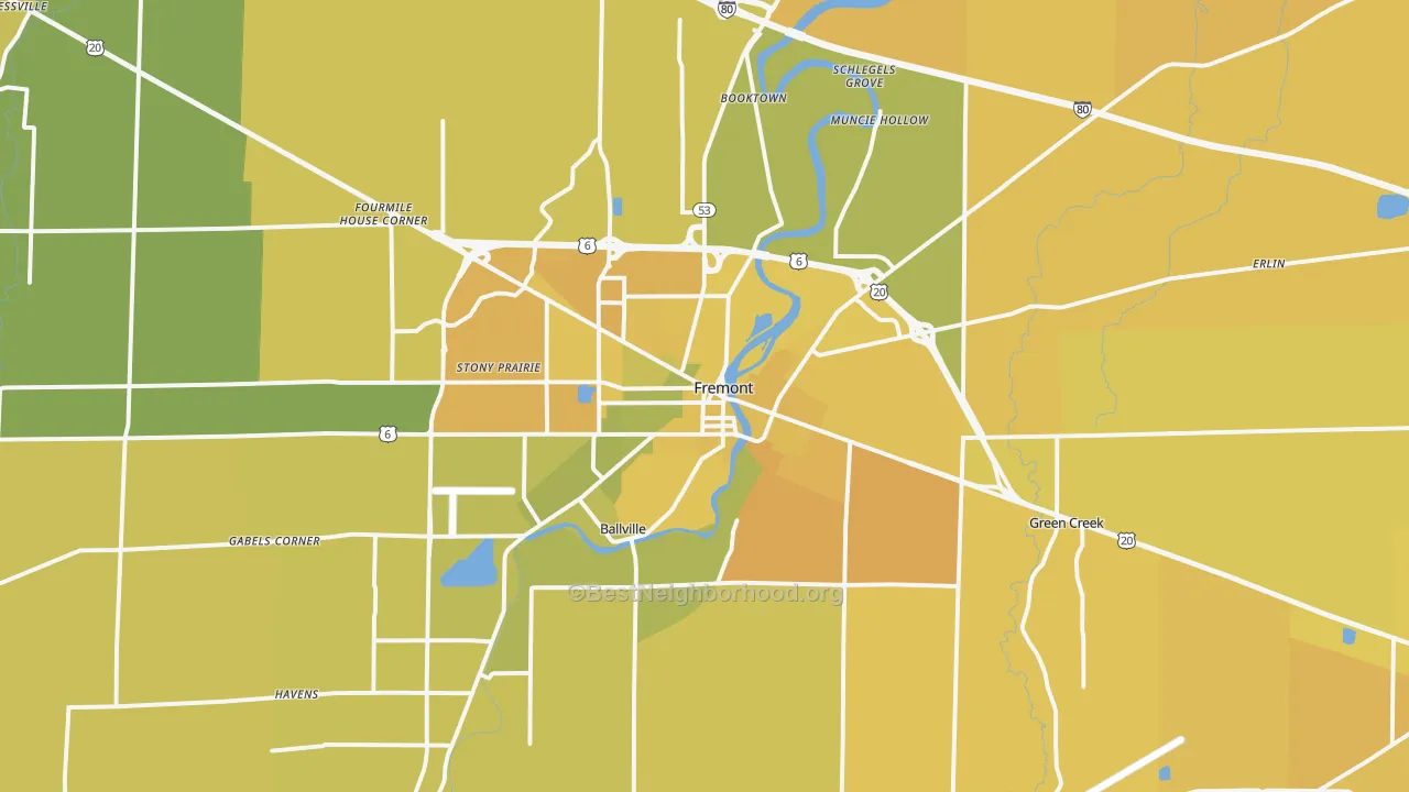Map of the best neighborhoods in the Fremont area, with better matches in green and worse matches in red