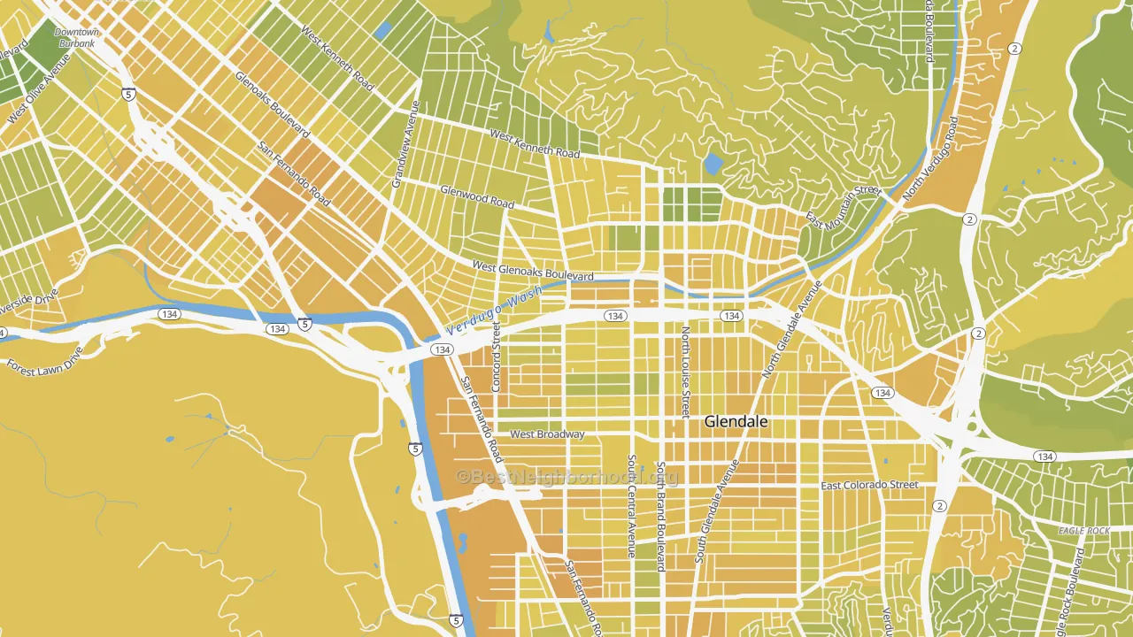 Map of the best neighborhoods in the Fremont Park, Glendale area, with better matches in green and worse matches in red