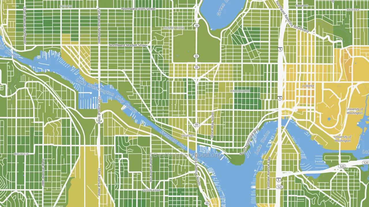 Map of the best neighborhoods in the Fremont, Seattle area, with better matches in green and worse matches in red