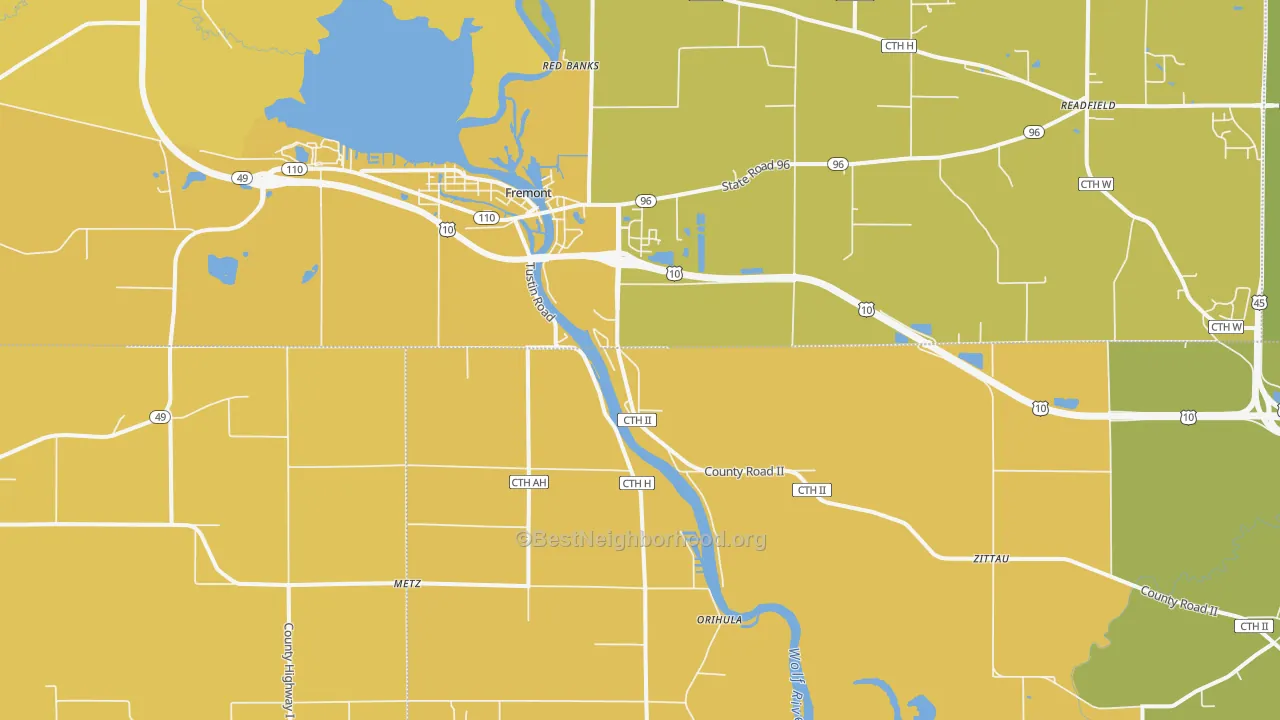 Map of the best neighborhoods in the Fremont area, with better matches in green and worse matches in red
