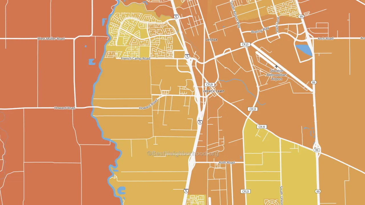 Map of the best neighborhoods in the French Camp area, with better matches in green and worse matches in red