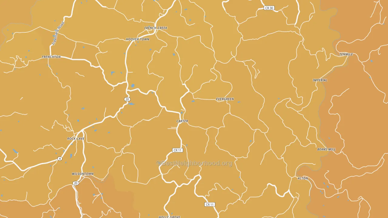 Map of the best neighborhoods in the French Creek area, with better matches in green and worse matches in red