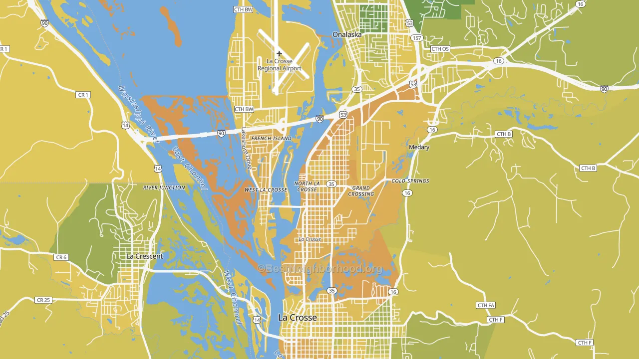 Map of the best neighborhoods in the French Island area, with better matches in green and worse matches in red