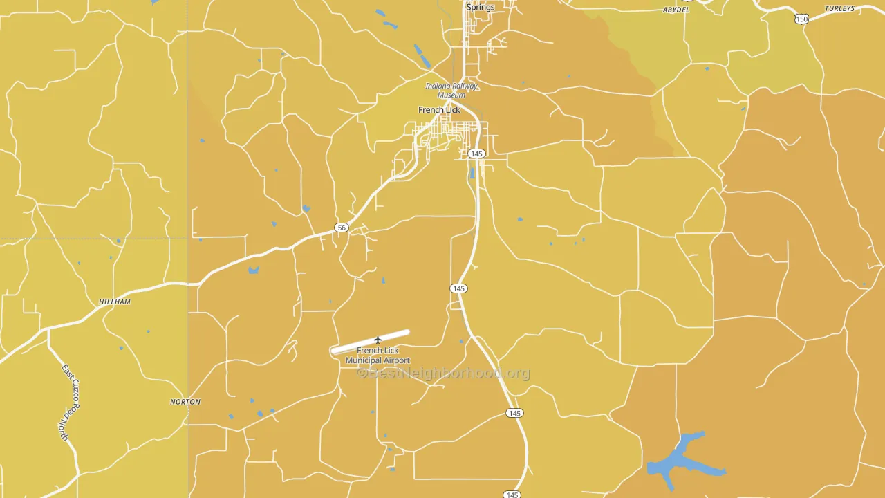 Map of the best neighborhoods in the French Lick area, with better matches in green and worse matches in red