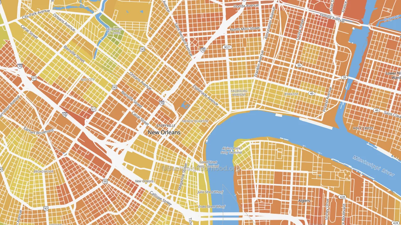 Map of the best neighborhoods in the French Quarter, New Orleans area, with better matches in green and worse matches in red