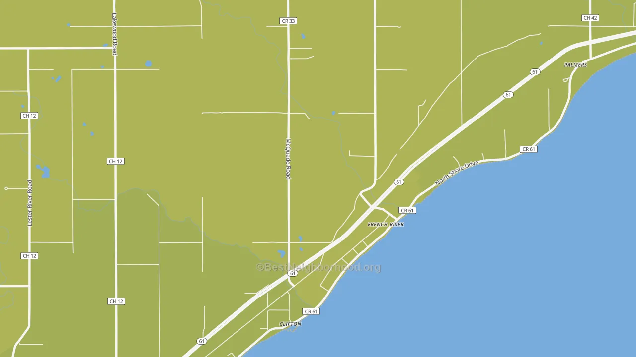 Map of the best neighborhoods in the French River area, with better matches in green and worse matches in red