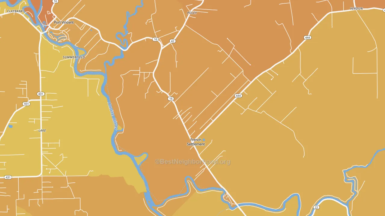Map of the best neighborhoods in the French Settlement area, with better matches in green and worse matches in red