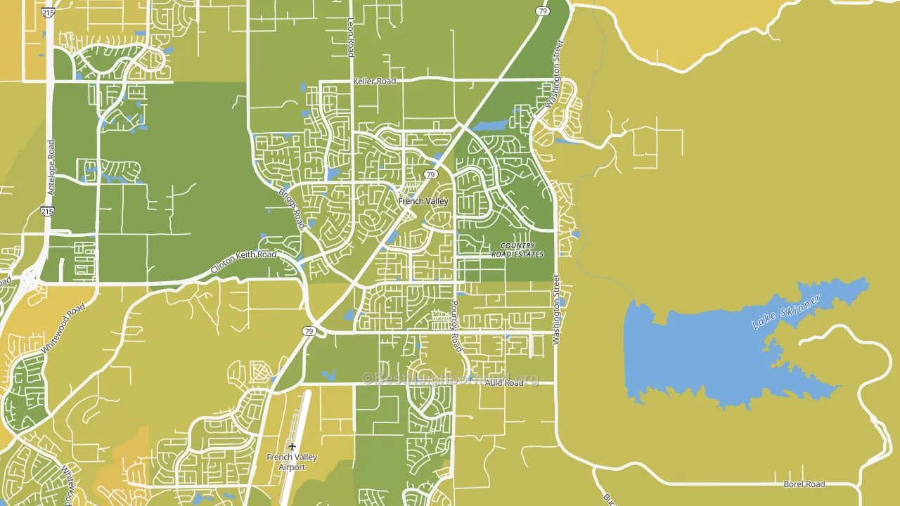 Map of the best neighborhoods in the French Valley area, with better matches in green and worse matches in red